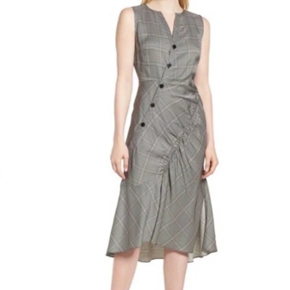 Lewit Dresses & Skirts - Lewit Button Up Side Ruched Sleeveless Plaid Midi V Neck Dress Size 8